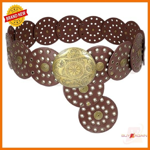 Wide Disc Concho Leather Belt Western Style Adjustable Waist Belt main image 5